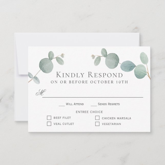 Watercolor Eucalyptus Greenery RSVP with 4 Entrees Card (Front)