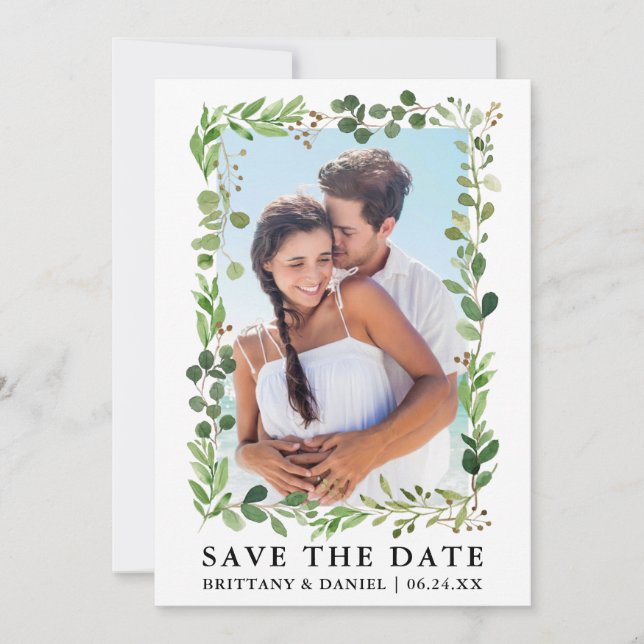 Watercolor Eucalyptus Greenery Save The Date Card (Front)