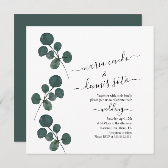 Watercolor Eucalyptus Greenery Script Wedding   Invitation (Front/Back)