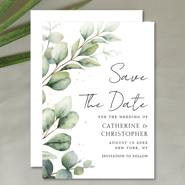 Watercolor Eucalyptus Greenery Script Wedding Save The Date (Creator Uploaded)
