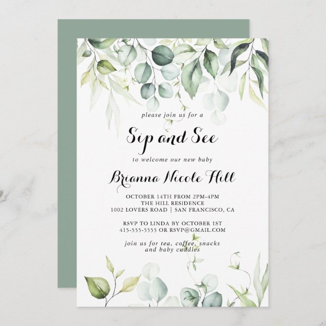 Watercolor Eucalyptus Greenery Sip and See  Invitation (Front/Back)