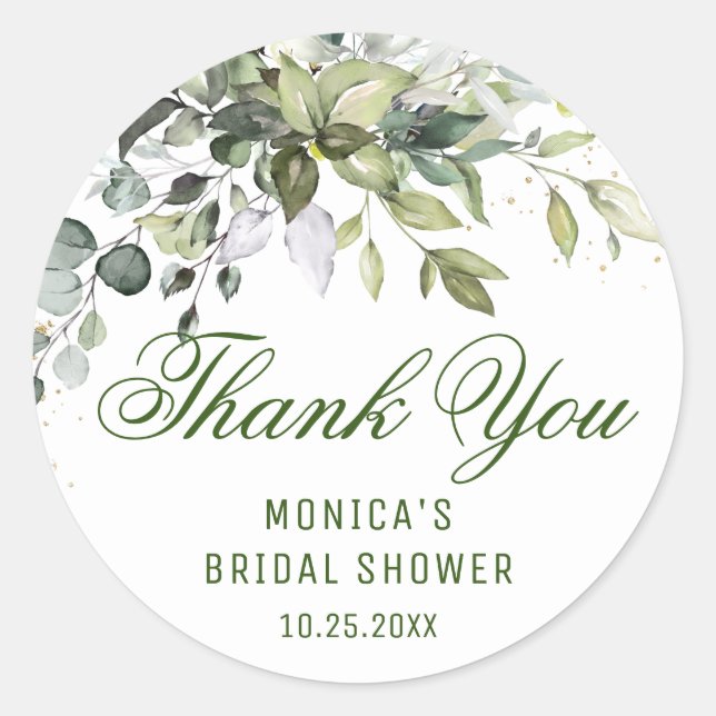 Watercolor Eucalyptus Greenery Thank You Name Classic Round Sticker (Front)