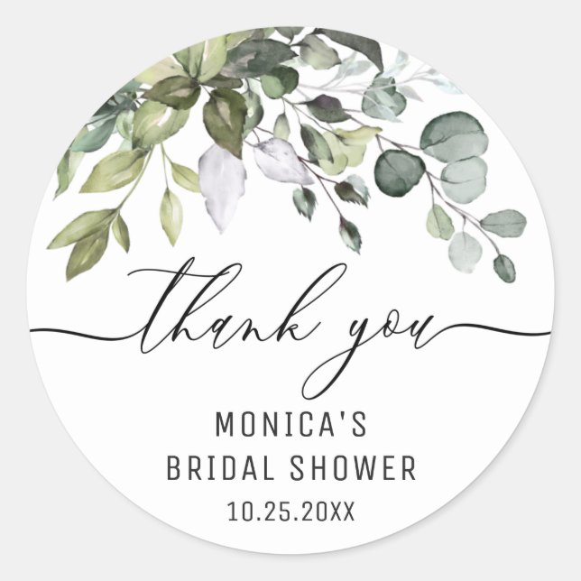 Watercolor Eucalyptus Greenery Thank You Name Classic Round Sticker (Front)