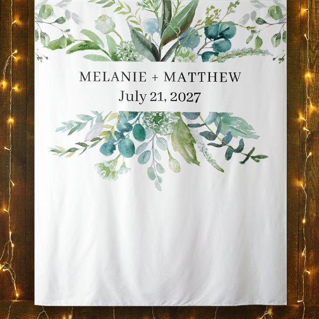 Watercolor Eucalyptus Greenery Wedding Backdrop Tapestry (Stylishly Personalize with the Bride & Groom's Names and Date.)
