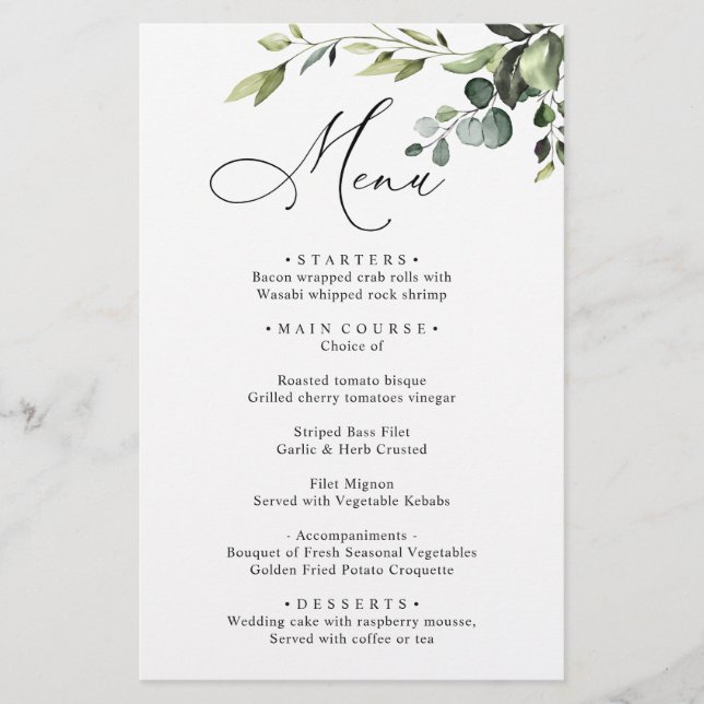 Watercolor Eucalyptus Greenery Wedding Dinner Menu (Front)