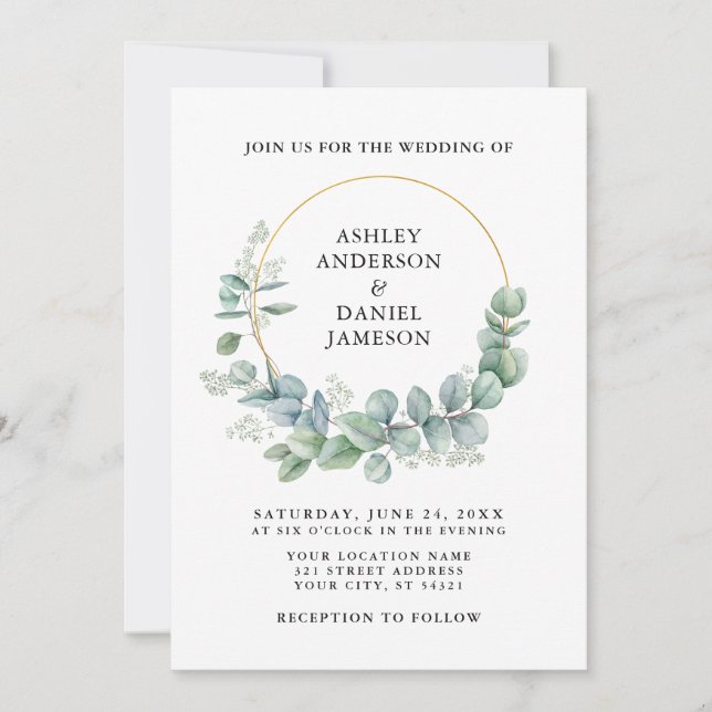 Watercolor Eucalyptus Greenery Wedding Gold Invitation (Front)