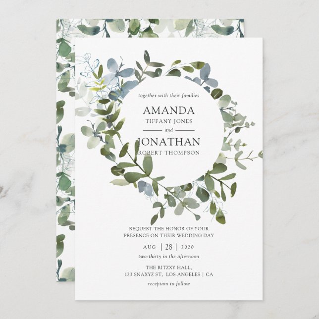 Watercolor Eucalyptus Greenery Wedding Invitation (Front/Back)