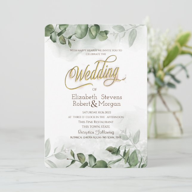 Watercolor Eucalyptus Greenery Wedding Invitation (Standing Front)