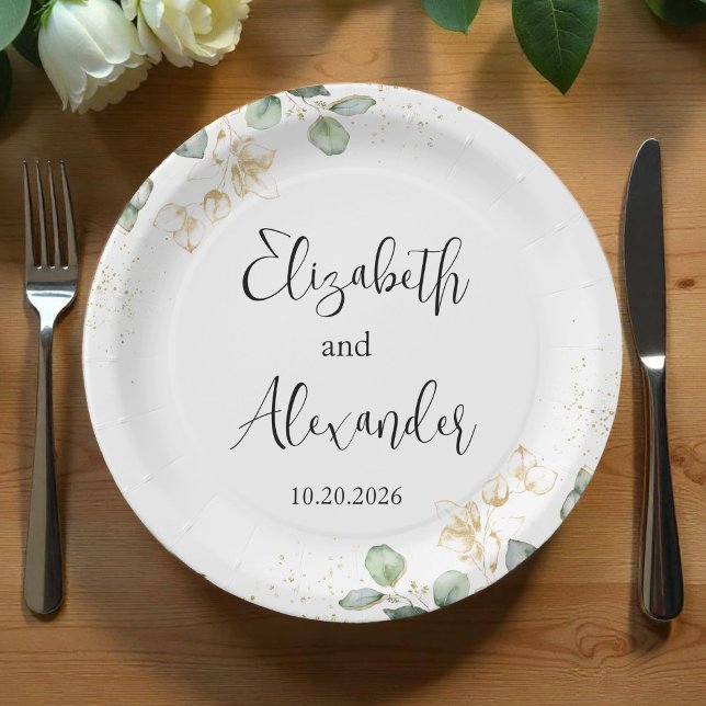 Watercolor Eucalyptus Greenery Wedding Paper Plate (Creator Uploaded)