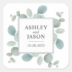 Watercolor Eucalyptus Greenery Wedding Square Sticker