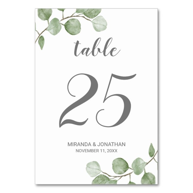 Watercolor Eucalyptus Greenery Wedding Table Number (Front)
