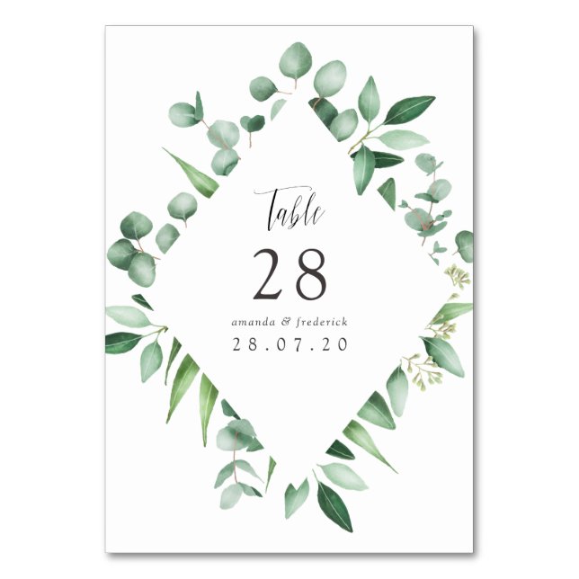 Watercolor Eucalyptus Greenery Wedding Table Number (Front)