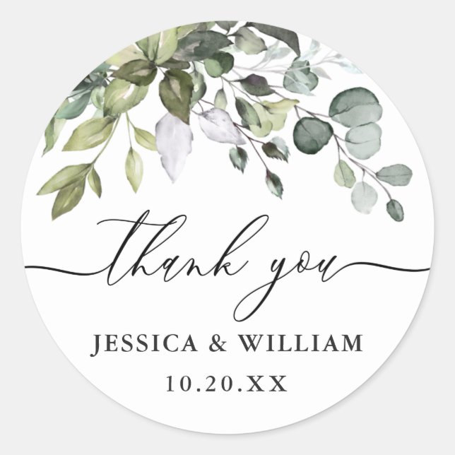 Watercolor Eucalyptus Greenery Wedding Thank You Classic Round Sticker (Front)
