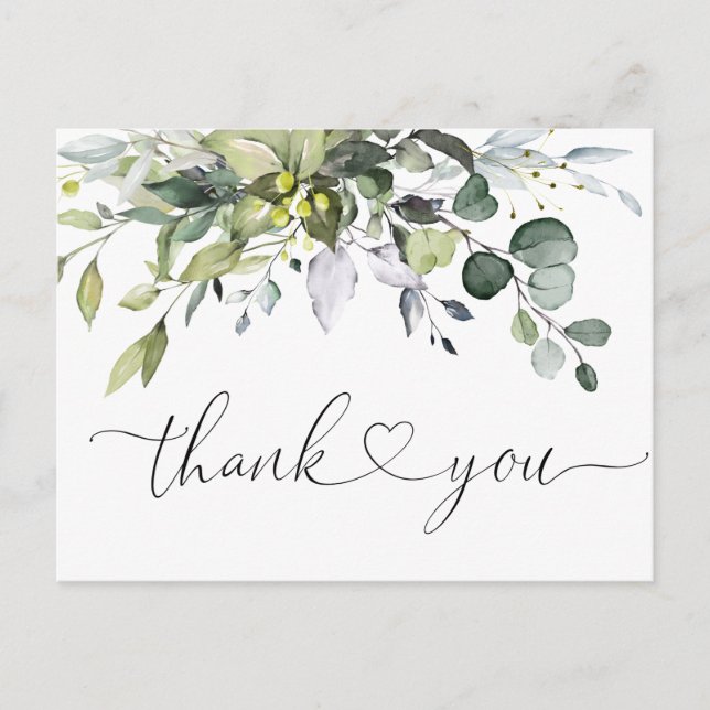 Watercolor Eucalyptus Greenery Wedding Thank You Postcard (Front)