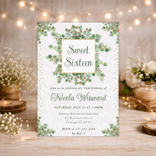 Watercolor Eucalyptus Greenery Wreath Sweet 16 Invitation