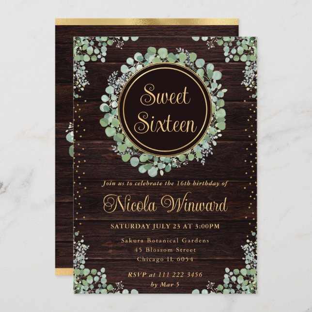Watercolor Eucalyptus Greenery Wreath Sweet 16 Invitation (Front/Back)