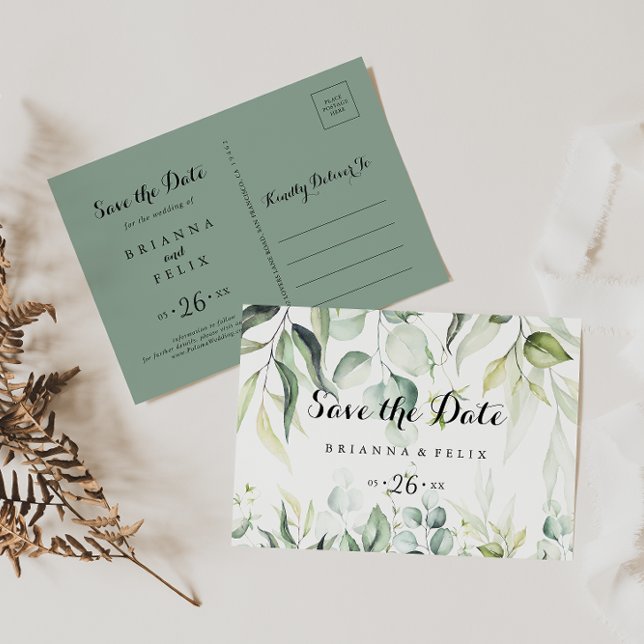 Watercolor Eucalyptus Horizontal Save the Date  Postcard (Creator Uploaded)