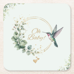 **Watercolor Eucalyptus Hummingbird Baby Shower In Square Paper Coaster