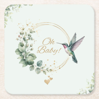 **Watercolor Eucalyptus Hummingbird Baby Shower In Square Paper Coaster
