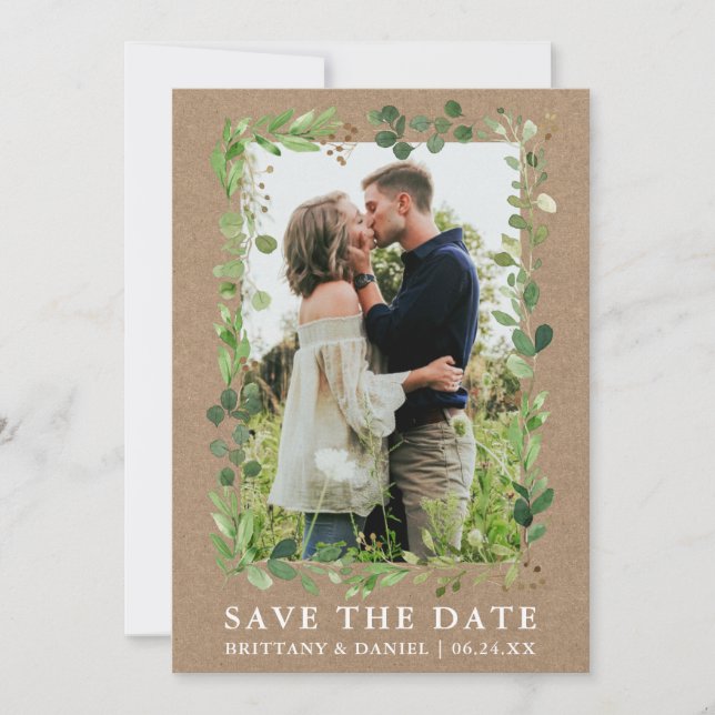 Watercolor Eucalyptus Kraft Save The Date Card (Front)