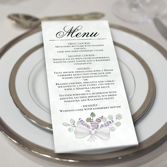 Watercolor Eucalyptus & Lavender Elegant Wedding Menu (In Situ on Plate)