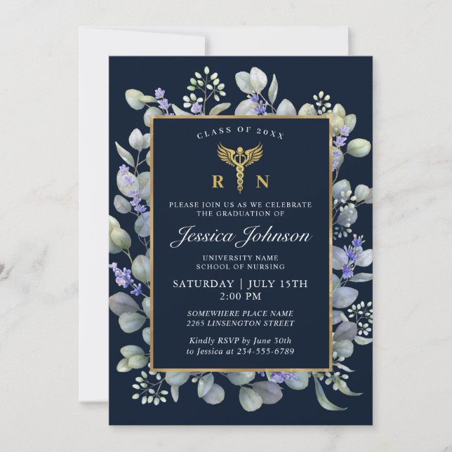 Watercolor Eucalyptus Lavender Nursing Graduation Invitation (Front)
