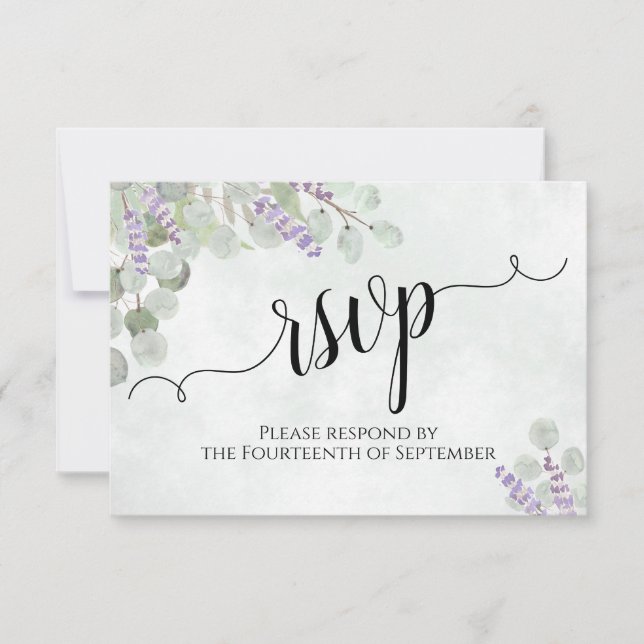 Watercolor Eucalyptus & Lavender Rustic Wedding RSVP Card (Front)