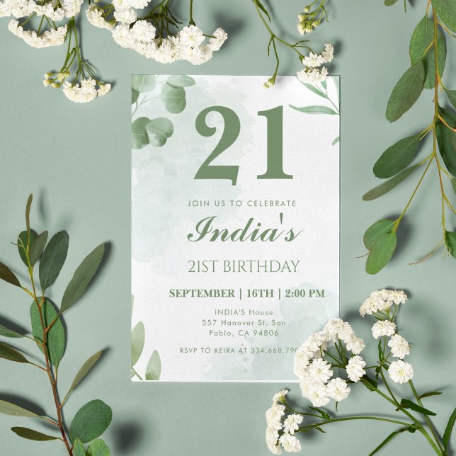Watercolor  Eucalyptus Leaf 21st Birthday Party Invitation (Creator Uploaded)