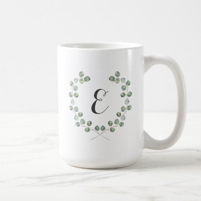 Watercolor Eucalyptus Leaf Frame | Monogram Coffee Mug (Right)
