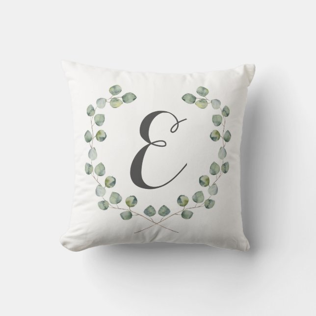 Watercolor Eucalyptus Leaf Frame | Monogram Cushion (Front)
