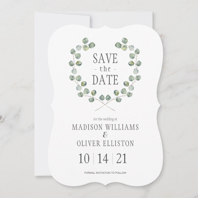 Watercolor Eucalyptus Leaf Frame | Save the Date (Front)