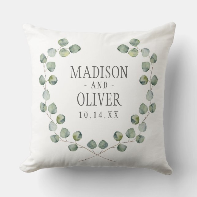 Watercolor Eucalyptus Leaf Frame | Wedding Cushion (Front)