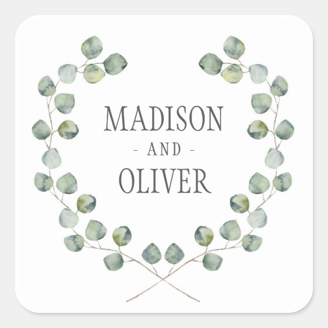 Watercolor Eucalyptus Leaf Frame | Wedding Square Sticker (Front)