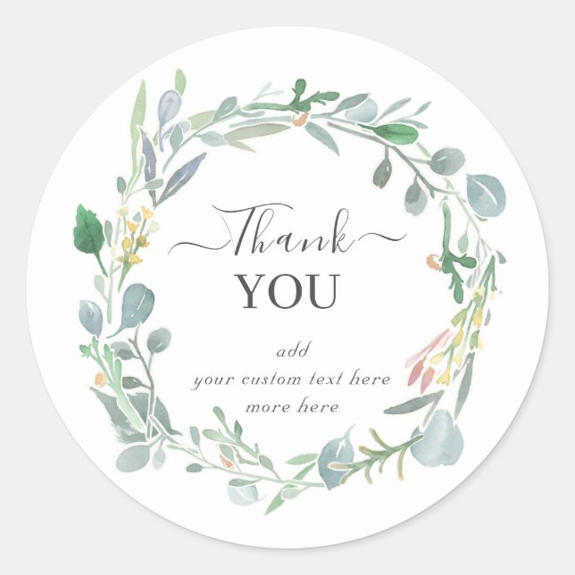Watercolor Eucalyptus Leafy Wreath Thank You Classic Round Sticker (Front)