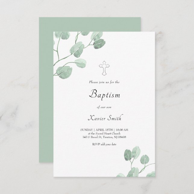 watercolor eucalyptus leaves Baptism Invitation (Front/Back)