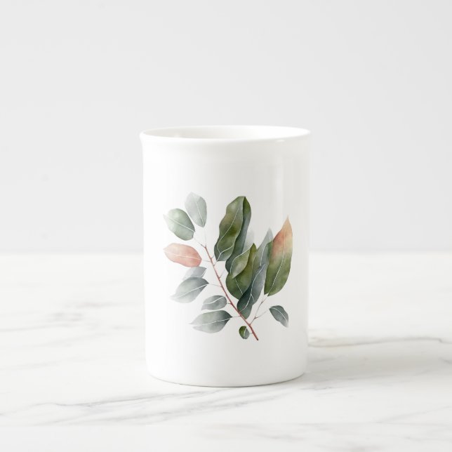 Watercolor Eucalyptus Leaves  Bone China Mug (Front)