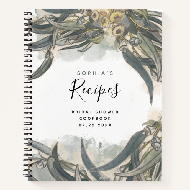 Watercolor Eucalyptus Leaves Bridal Shower Recipes Notebook (Front)