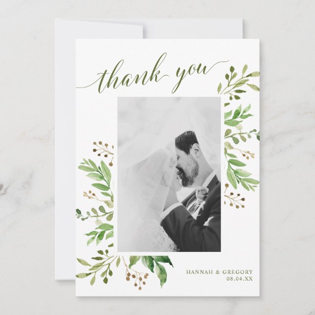 Watercolor Eucalyptus Leaves Elegant Wedding Photo Thank You Card (Front)