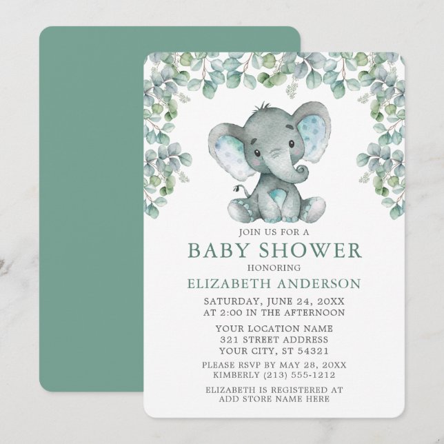 Watercolor Eucalyptus Leaves Elephant Baby Shower Invitation (Front/Back)