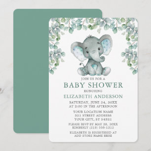 Watercolor Eucalyptus Leaves Elephant Baby Shower Invitation