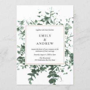 Watercolor Eucalyptus Leaves Gold Frame Wedding Invitation