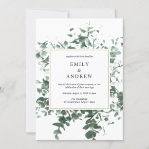 Watercolor Eucalyptus Leaves Gold Frame Wedding Invitation
