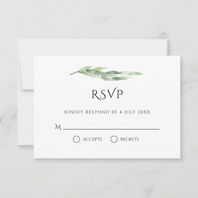 Watercolor Eucalyptus Leaves Gold Greenery Wedding RSVP Card (Front)