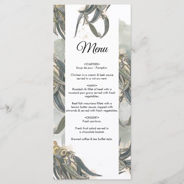 Watercolor Eucalyptus Leaves Greenery Wedding  Menu (Front)