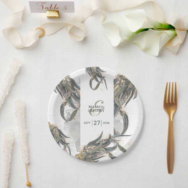Watercolor Eucalyptus Leaves Greenery Wedding  Paper Plate (Wedding)