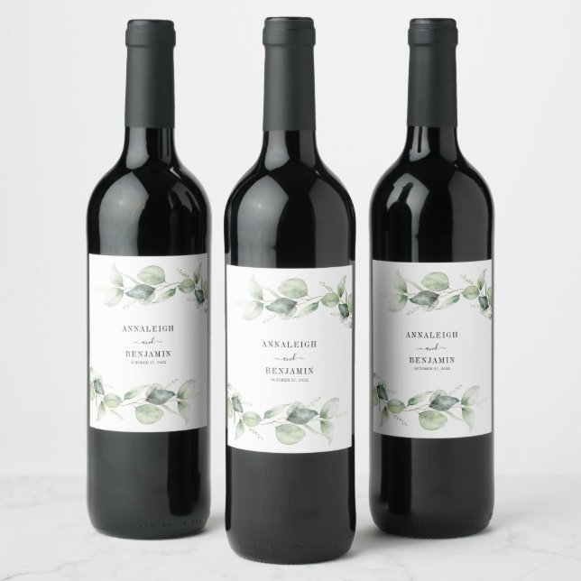Watercolor Eucalyptus Leaves Greenery Wedding Wine Label (Bottles)
