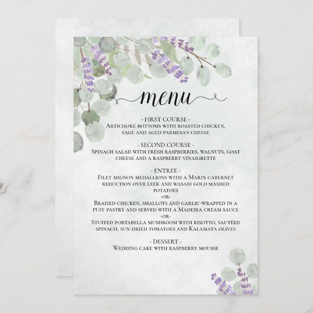 Watercolor Eucalyptus Leaves & Lavender Wedding Menu (Front/Back)