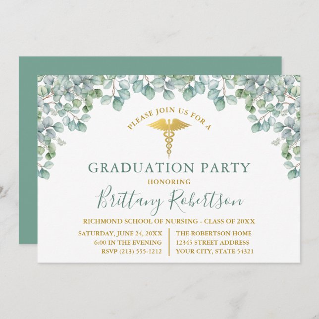 Watercolor Eucalyptus Leaves Medical Grad Party Invitation (Front/Back)