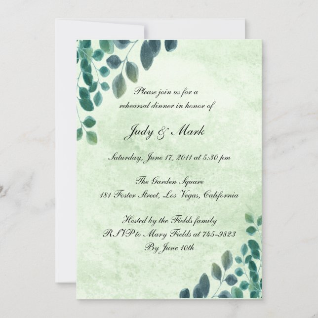 Watercolor Eucalyptus Leaves Rehearsal Dinner Invitation (Front)