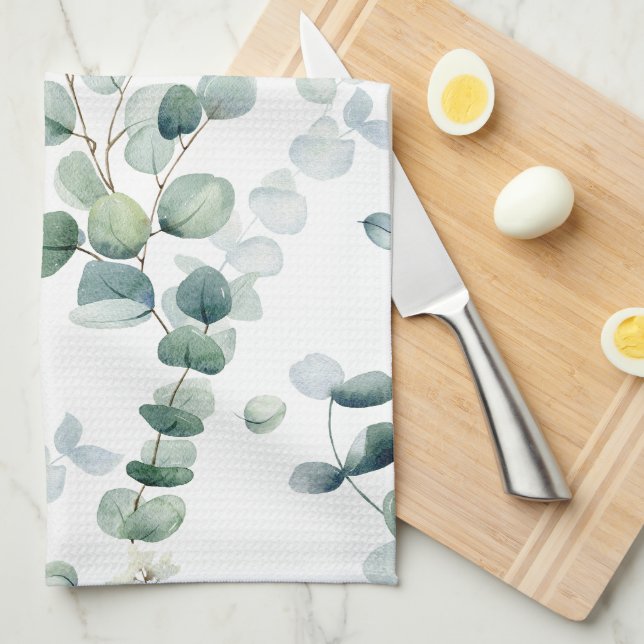 Watercolor eucalyptus leaves  tea towel (Quarter Fold)